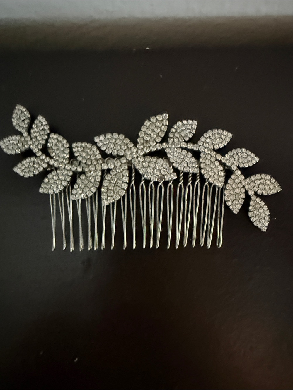 Rhinestone Leaf Hair Comb - Silver Crystal Accent
